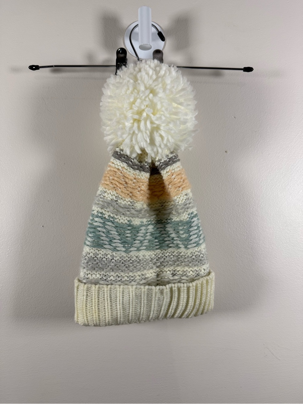 Cozy Cream Pom Knit Beanie with Pastel Stripes